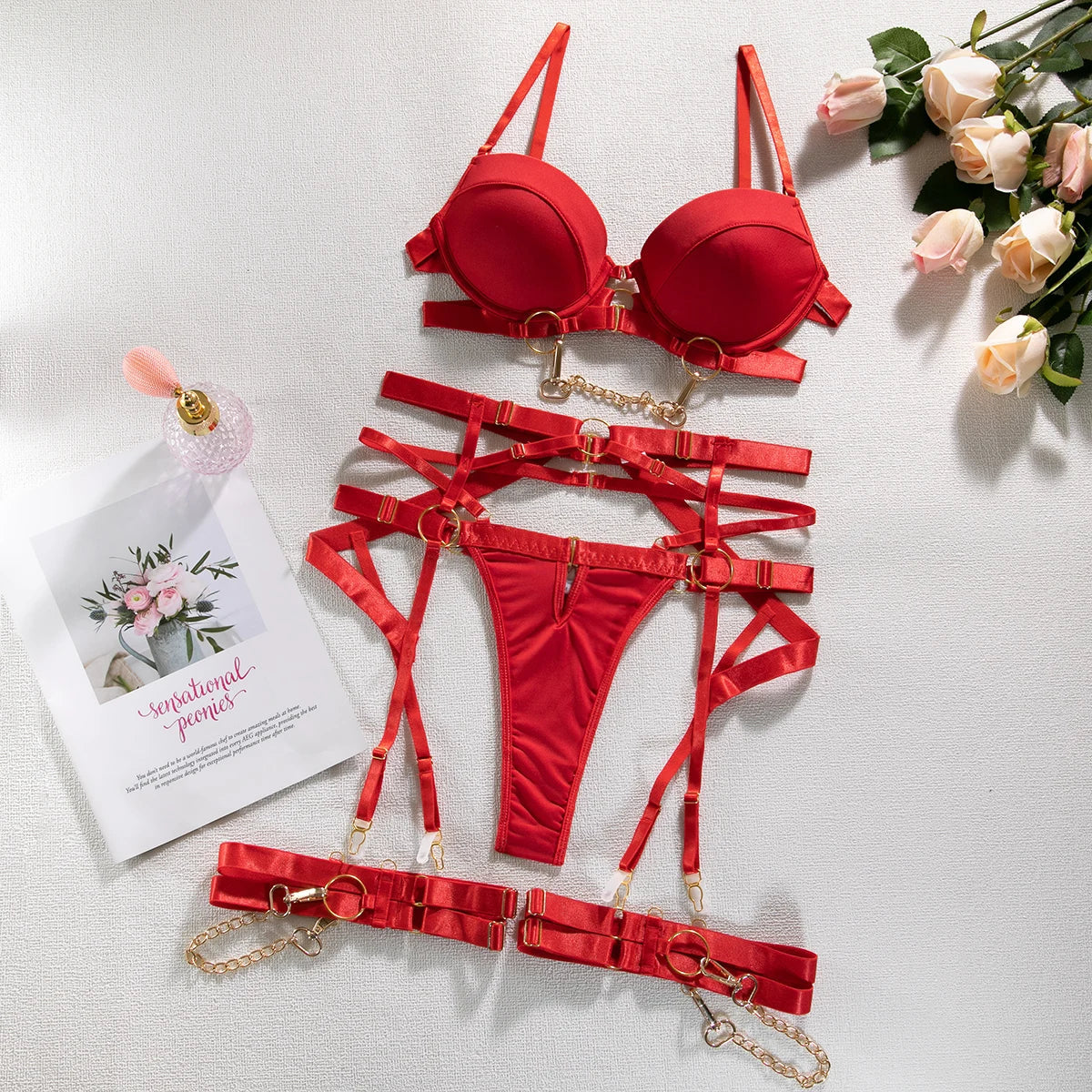 Fancy Metal Chain Sexy Lingerie 5Pcs Sets Luxury Hollow Out Bras And Panties Garters Underweat Suit Sensual Erotic Intimate Set