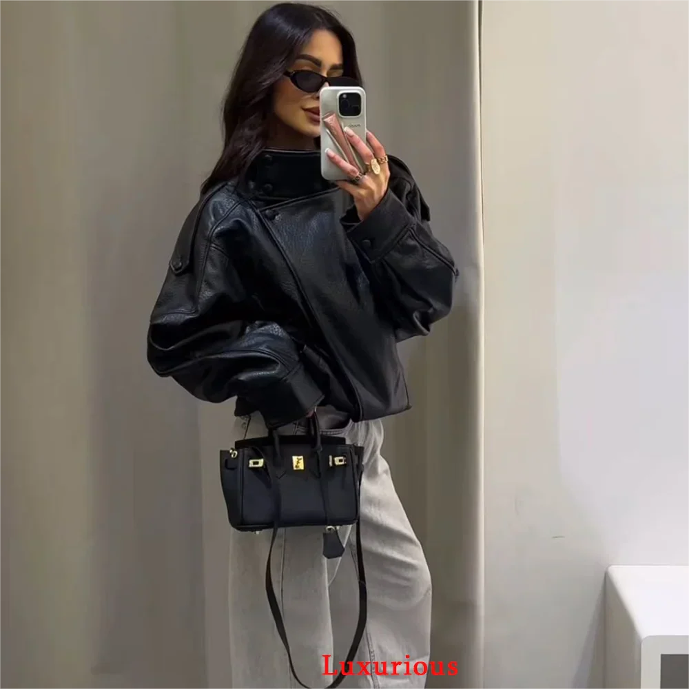 KONDALA Casual Chic Black Leather Jackets Women Long Sleeve Buttons Elastic Oversized Coats Fashion 2025 Fall Streetwear Coats