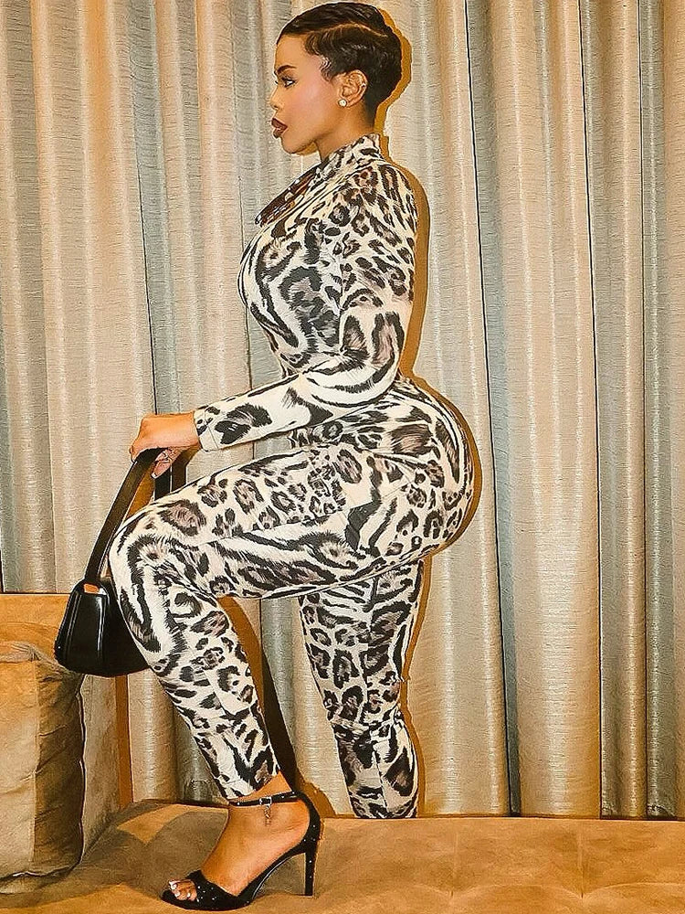 Sisterlinda Fitness Jumpsuit Women Sexy Zip Leopard Print Full Sleeve Streetwear Activity Workout Casual Tight Stretch Overalls