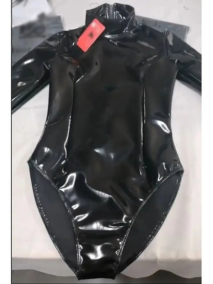 S-5XL Turtleneck Wet Look PVC Catsuit Shiny PU Leather Bodysuit Tights Sexy Cosplay Body Teddies Swimsuit Leotard Clubwear Tops