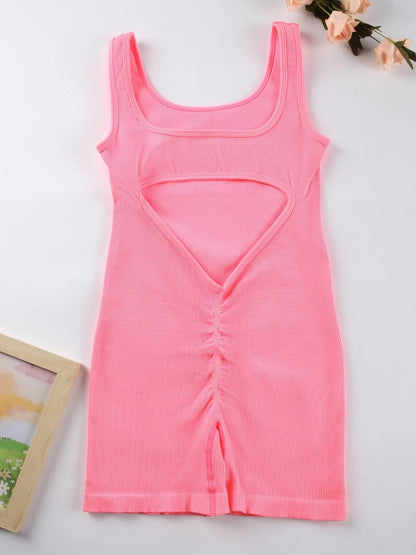 1PCS Backless Yoga Suit U Neck Sleeveless Sports Jumpsuit Solid Colour Threaded Stretch Women Bodysuit Without Bust Pads