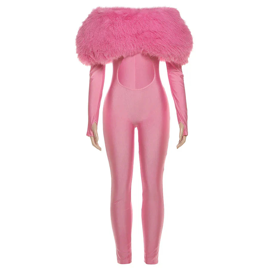 Weird Puss Furry Slash Neck Jumpsuits Woman Luxury Hipster Patchwork Trend Sexy Hollow Stretch Fitness Club Activity Overalls