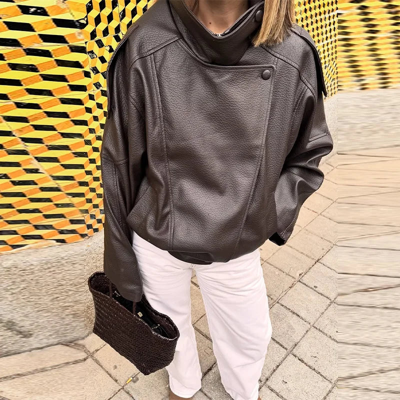 Stand Collar Women's Jacket Full Sleeve Double Button Solid Female Leather Jackets 2025 Autumn Fashion High Street Lady Outwears