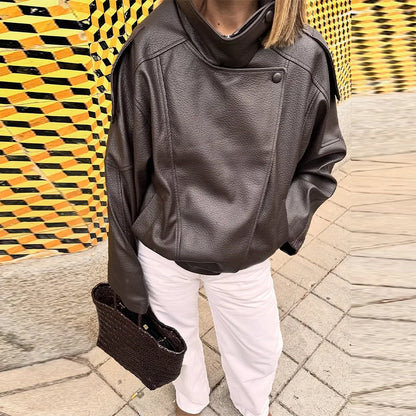 Stand Collar Women's Jacket Full Sleeve Double Button Solid Female Leather Jackets 2025 Autumn Fashion High Street Lady Outwears