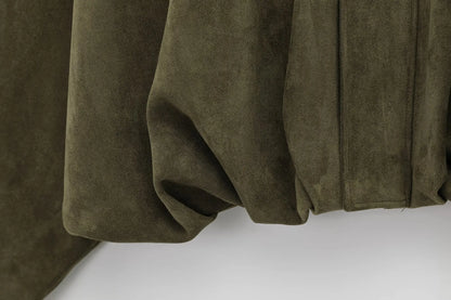 HH Women Brown Green Suede Jacket Loose Casual Bomber Coat Lapel Zipper Long Sleeve Jackets Vintage Lady Motorcycle Outwears