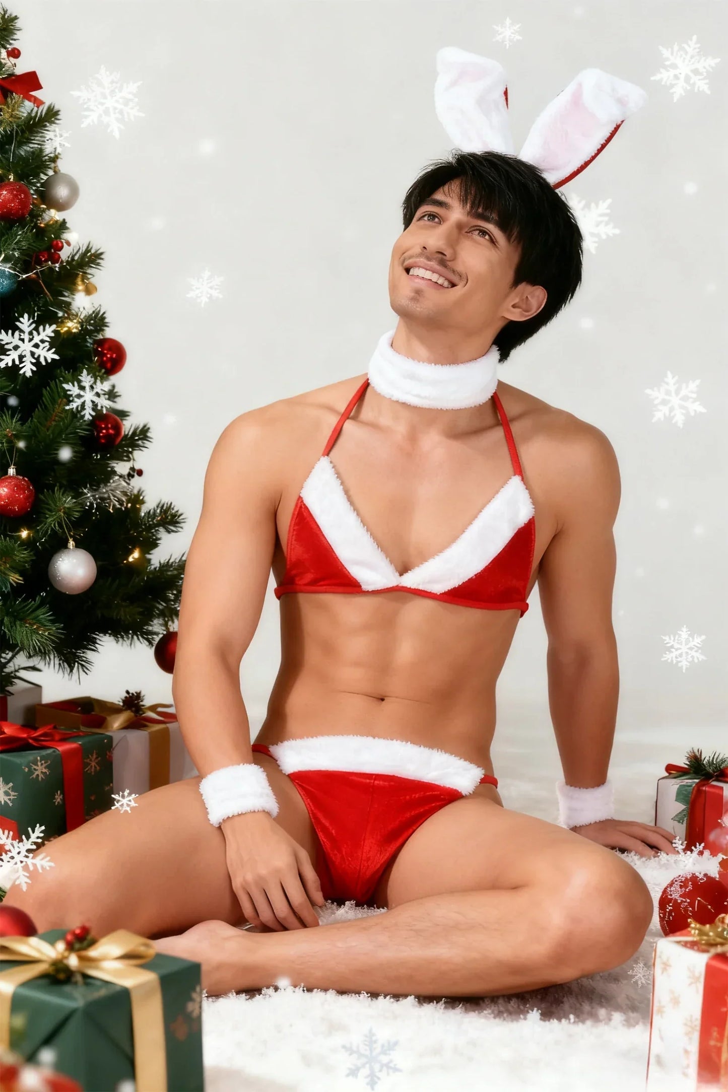 Erotic Lingerie Set Sexy Men Thong Christmas Underwear Man Bunny Ears Velvet Bikini Bra Sissy Crossdressing Cosplay Costume