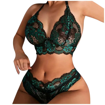 Womens Sexy Lingerie Two Piece Lace Three Point Big Breast Underwear Bowknot Lace Floral Fancy Porn Bra Brief Set Porno Ropa