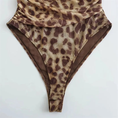 MUJER 2025 Woman Body Leopard Print Mesh Sleeveless Bodysuit Women Summer Tulle Off Shoulder Tight Bodysuit Lingerie Sexy Body