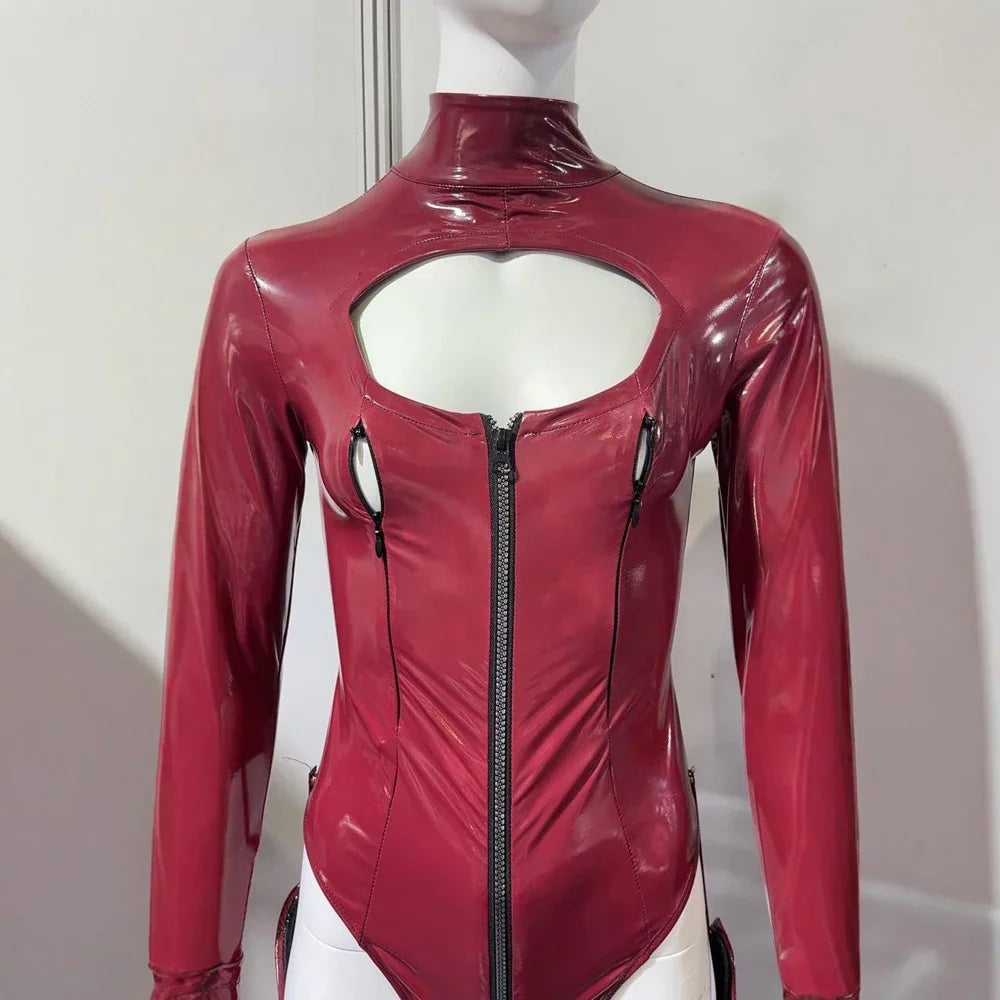 3PCS/SET Wet Look PVC Cosplay Outfit Catusit Shiny PU Leather Zipper Bust Open Crotch Bodysuit Tight Sexy Body Teddies Stockings