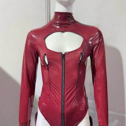 3PCS/SET Wet Look PVC Cosplay Outfit Catusit Shiny PU Leather Zipper Bust Open Crotch Bodysuit Tight Sexy Body Teddies Stockings