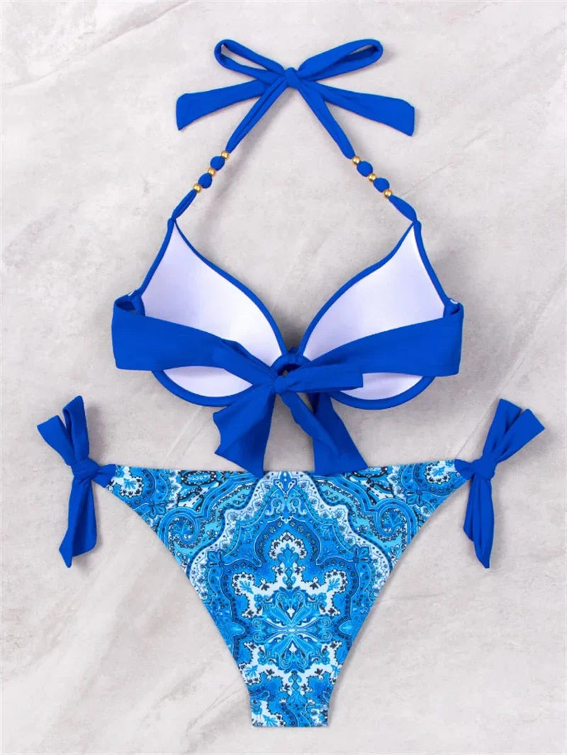 Summer Bikini New Underwired Bra Push Up Swimsuit Women Chest Knot Bow Bathing Suit Outfits Ties Swimwear Women Swimming Suit XL