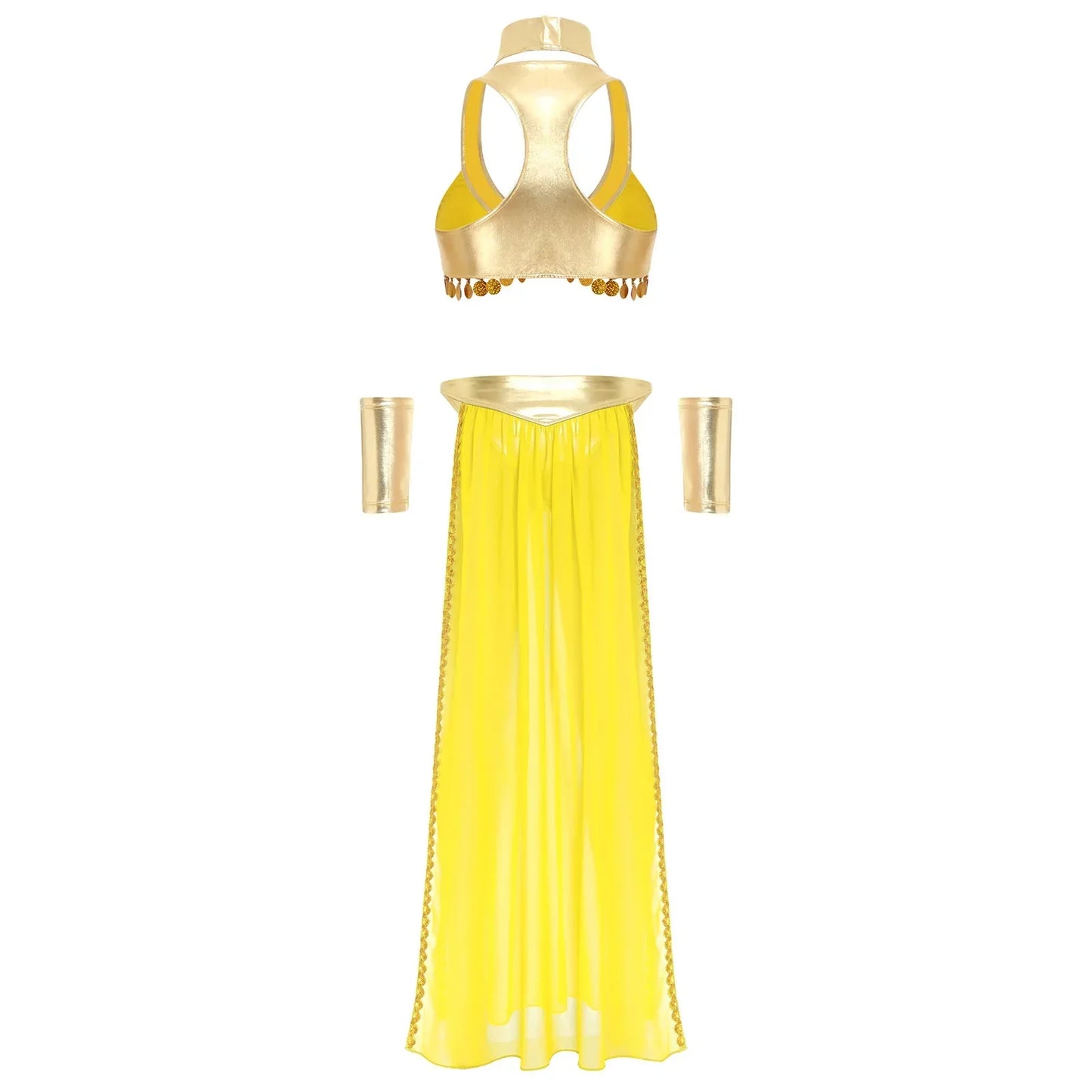 Women Halloween Cleopatra Ancient Egyptian Queen Sun Goddesses Cosplay Costume Crop Top with Skirt Choker Cuffs Belly Dance Set