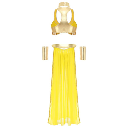 Women Halloween Cleopatra Ancient Egyptian Queen Sun Goddesses Cosplay Costume Crop Top with Skirt Choker Cuffs Belly Dance Set