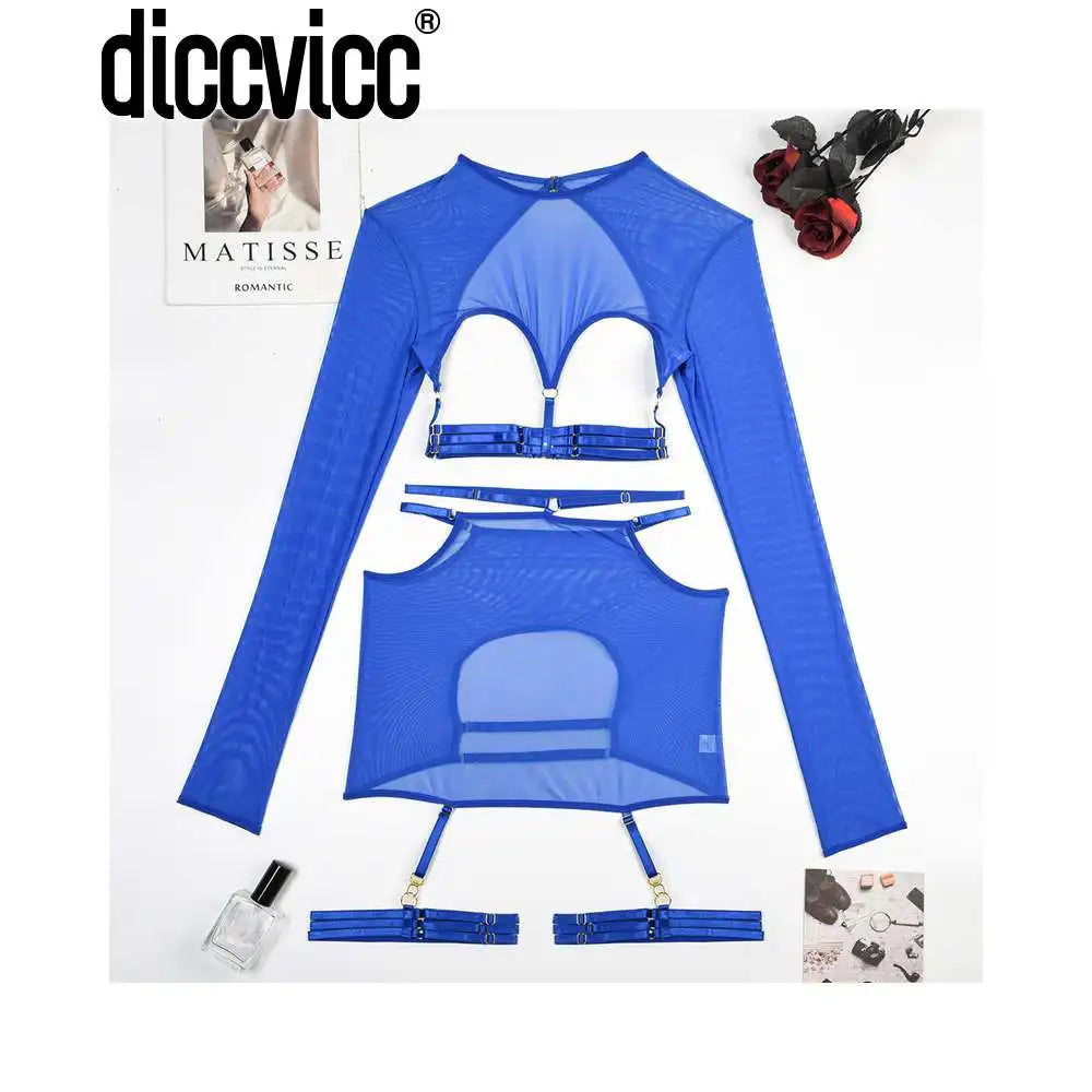 Diccvicc Long Sleeve Lingerie Sexy Sheer Mesh Porn Top Crotchless Skirt Naked Bandage Women Underwear Uncensored Erotic Costume