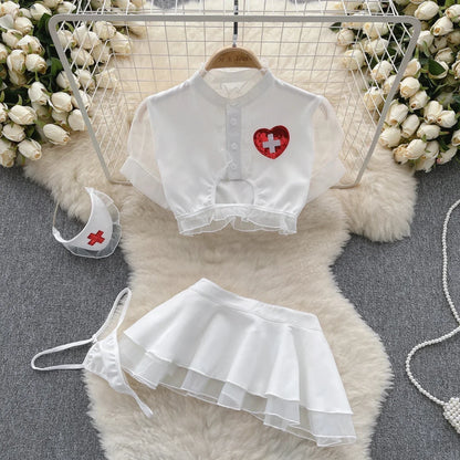 Sexy Lace Gauze Patchwork Strap Bodysuit Hollow Sleeveless Slim backless Women Erotic Lingerie Hotsweet Bow Night Maid Cosplay