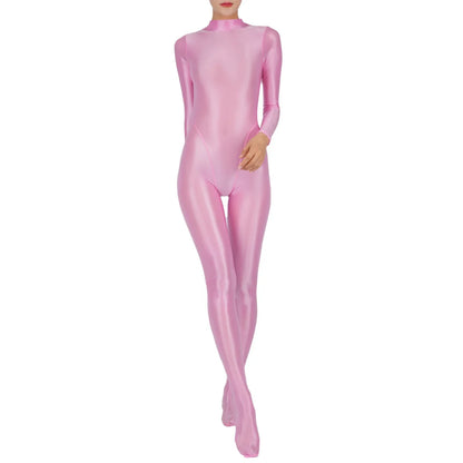 Womens Glossy Full Body Jumpsuit See Through Sheer Catsuits Bodystockings Long Sleeve Footed One Piece Gym Yoga Tights Bodysuit