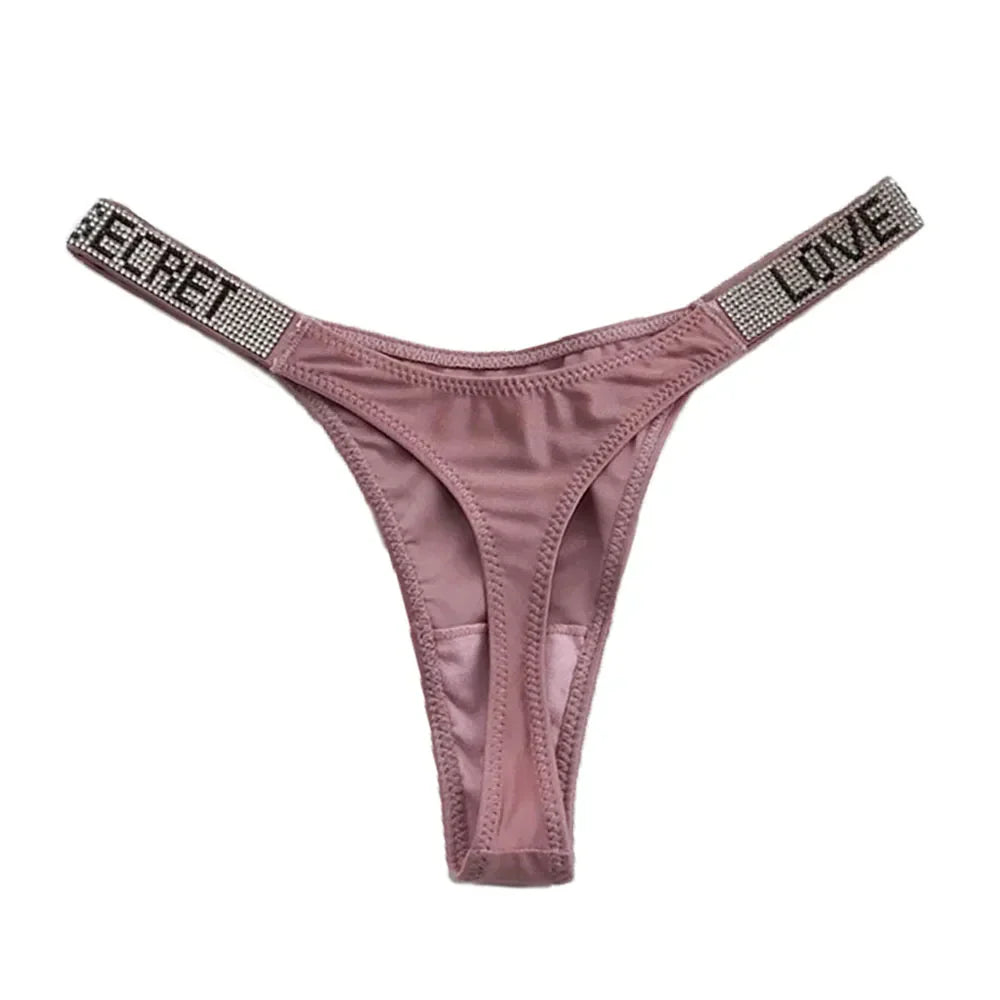 Sexy Triangle Fitness Sports With Letter Low Rise Briefs Sexy T-Back G-string Women Panties Rhinestone Thong