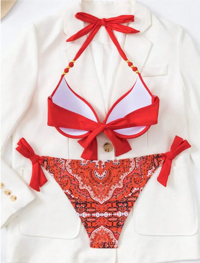 2024 New Print 2-piece Swimsuit for Women,hard Cup Suspender Push Up Bikini Set,summer Beach Vacation Backless Bathing Suit