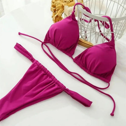 Women Bikini Set Low-cut Pleated Push Up Backless sexy hot girls Bikini Set Lace Up High Waist Halter Neck Bathing Suit Swimwear