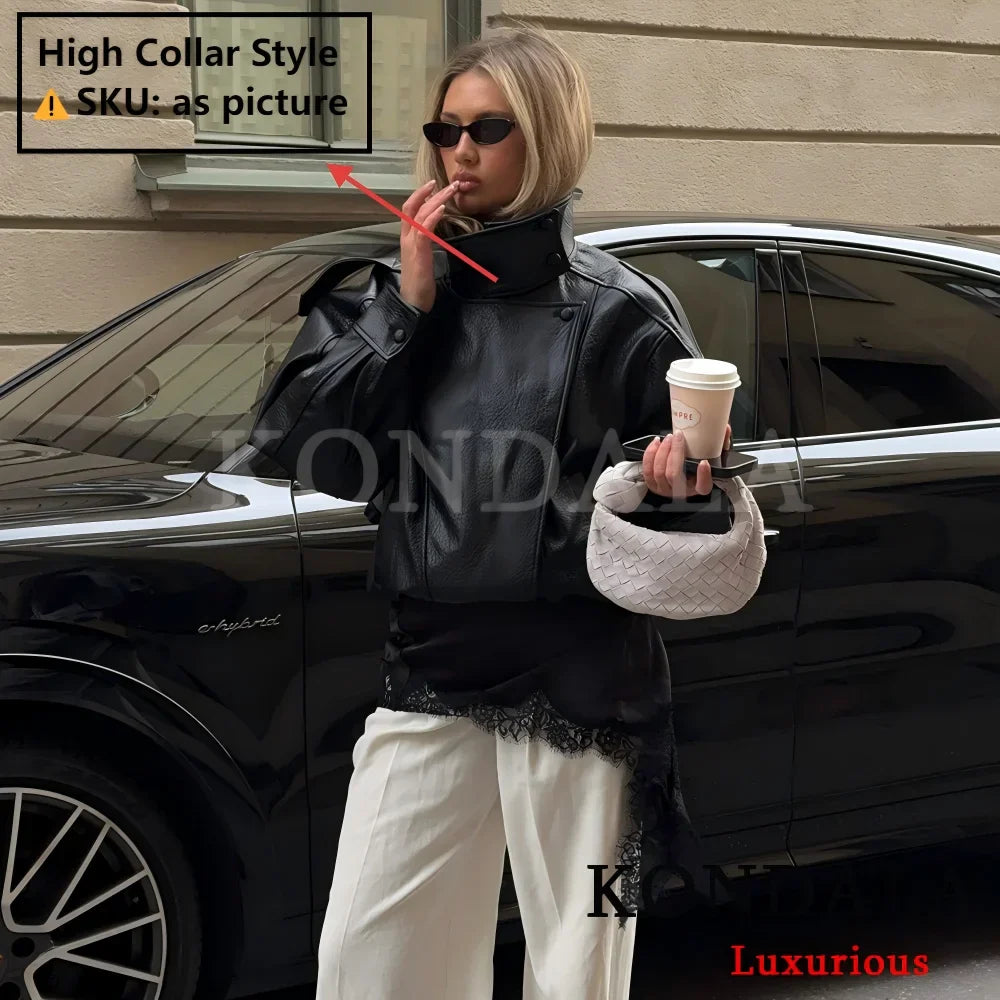 KONDALA Casual Chic Black Leather Jackets Women Long Sleeve Buttons Elastic Oversized Coats Fashion 2025 Fall Streetwear Coats