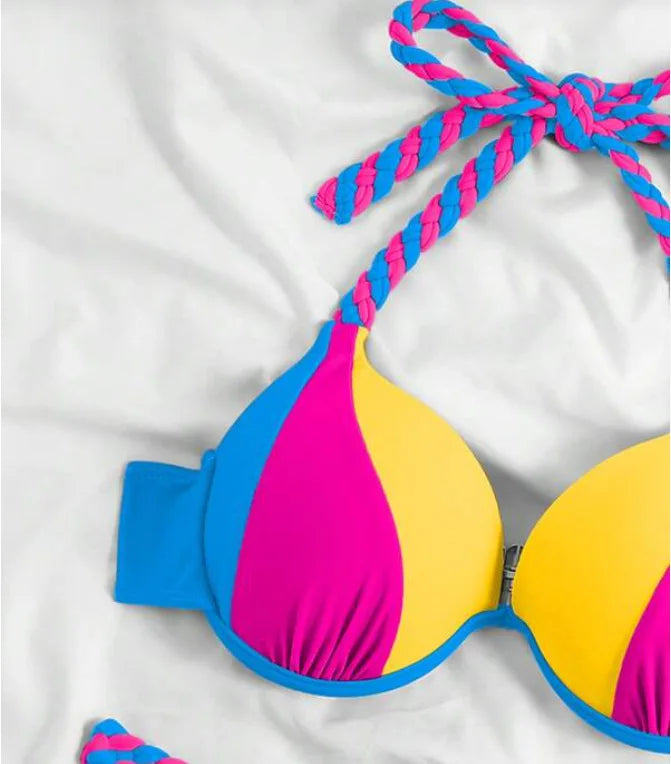 2026 New Bikini Swimsuit Women's Split Solid Color Sexy Belt Steel Tray Bikini Swimsuit