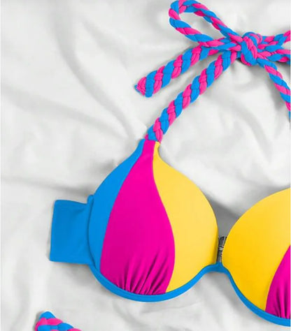 2026 New Bikini Swimsuit Women's Split Solid Color Sexy Belt Steel Tray Bikini Swimsuit