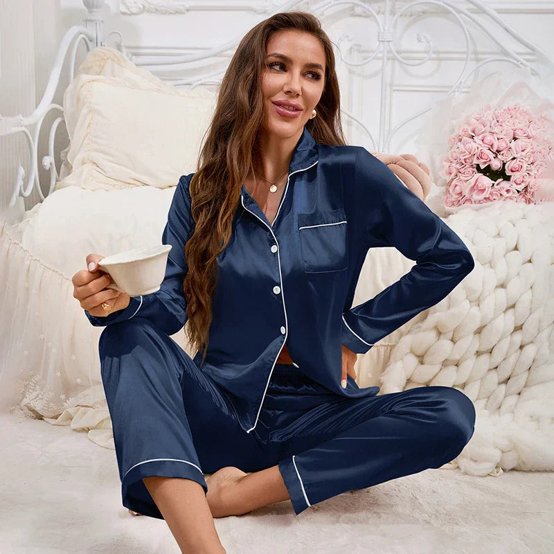 Women's Pajama Set Silk Sleepwear Suit Loungewear Pj Set Satin Long Sleeve Tops With Pants 2 Pieces Pjs Pajamas for Women Pyjama