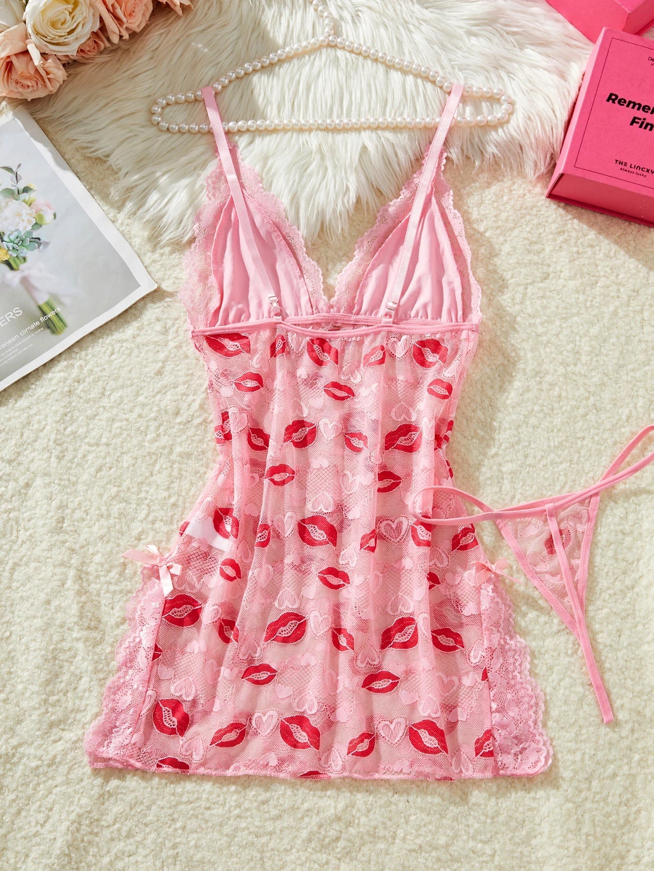 Women Pink Lips Love Print Nightdress Sexy Lace Bow Adult Dress Babydoll Sex Sleepdress And Thongs Lingerie Sets Erotic Outfits