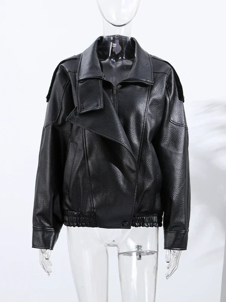 Street Stand Collar Women's Leather Jacket Loose Long Sleeve Zipper Pockets Chic Female Coats 2025 Autumn Winter Lady Outerwear