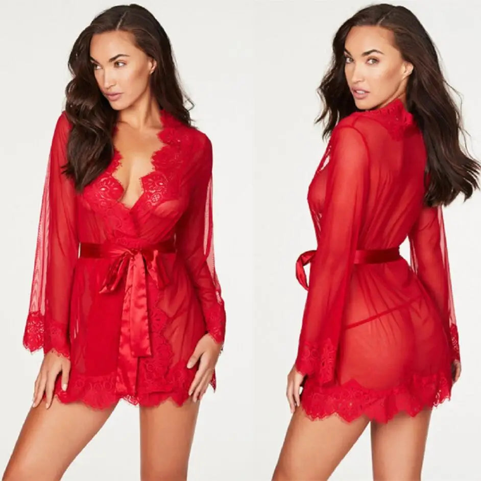 Sexy Lingerie Set + Thong Women Porno Sleepwear Lace Underwear Sex Clothes Babydoll Erotic Transparent Dress Sexy Lingerie Suit
