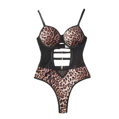 Leopard Sexy High Waist Women Bodysuit Mesh Transparent Hollow Out Erotic Lingerie Exotic Backless Skinny Teddy Porn Sex Costume
