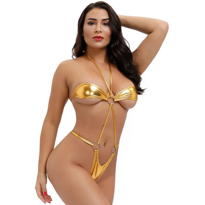 Women Swimwear Mini Bikini Bathing Suit Halter Lingerie Set Women's G String Thong PU Leather Underwear Erotic Tiny Swimwear