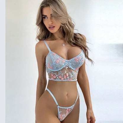 Lace Floral Embroidery See Through Bra and Panties Set for Women Underwear Sexy Lingerie Female 2 Pieces Bra Brief Sets