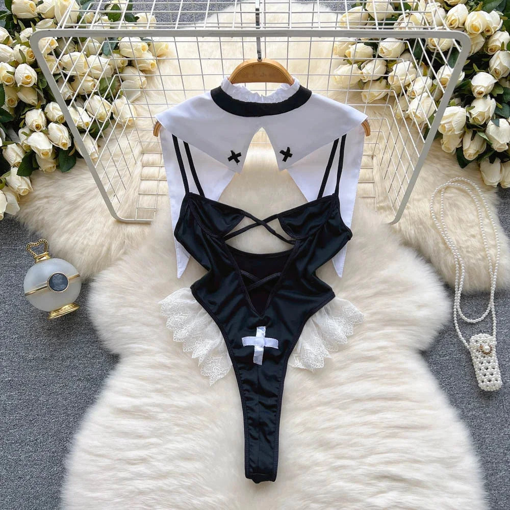 Sexy Lace Gauze Patchwork Strap Bodysuit Hollow Sleeveless Slim backless Women Erotic Lingerie Hotsweet Bow Night Maid Cosplay