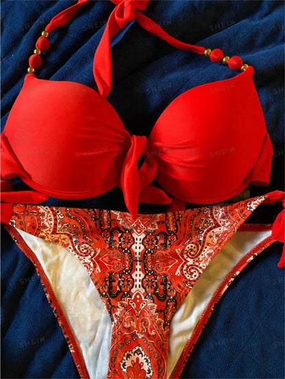 Summer Bikini New Underwired Bra Push Up Swimsuit Women Chest Knot Bow Bathing Suit Outfits Ties Swimwear Women Swimming Suit XL
