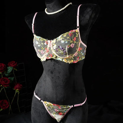 Floral Embroidery Lace Bras Set Women Sheer 2-Piece Sexy Bra + Panties Lingerie Fashion Underwear Set Intimates