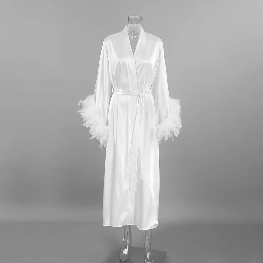 Feather Blush Kimono Robe Boudoir Wedding Floor Length Maxi Dressing Gown Robes Bride to Be Hen Party Stain Silk Lingerie