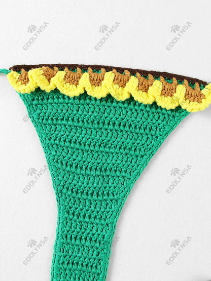 2 Piece Bikini Set 2025 Summer Yellow Sunflower Crochet Swimsuit Suit Set Beach Wear Bikinis Cover-up Women Bathing Suits K224