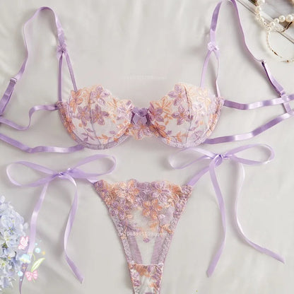 Floral Embroidery Transparent Mesh Bra Brief Sets Ultra Thin Straps Flowers Lace Sexy Lingerie Half Cup Woman Underwear 2025