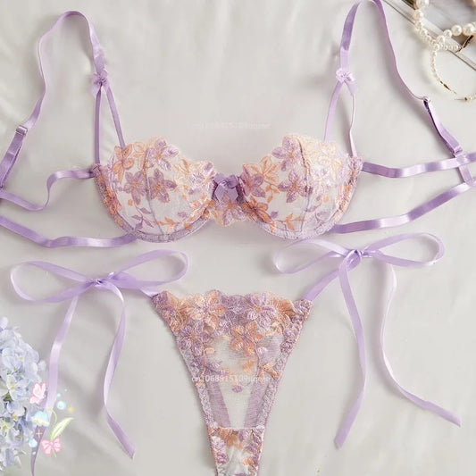 Floral Embroidery Transparent Mesh Bra Brief Sets Ultra Thin Straps Flowers Lace Sexy Lingerie Half Cup Woman Underwear 2025