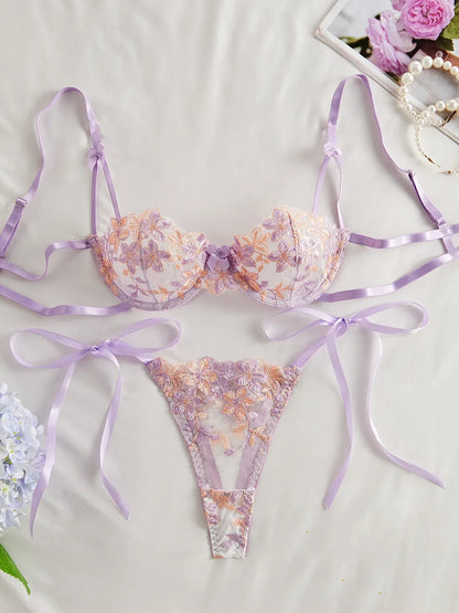 Floral Embroidery Transparent Mesh Bra Brief Sets Ultra Thin Straps Flowers Lace Sexy Lingerie Half Cup Woman Underwear 2025