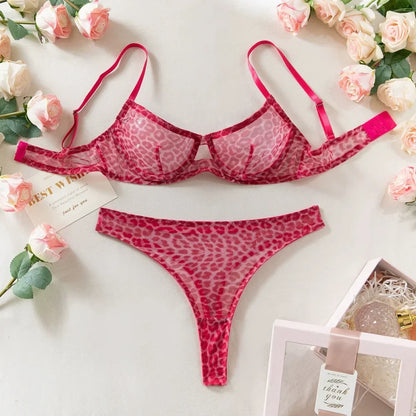 Krasapt Sexy Leopard Printing Lingerie 2Pcs Sets Ultrathin Mesh Transparent Bras And Panties Comfortable Intimate Undwear Set