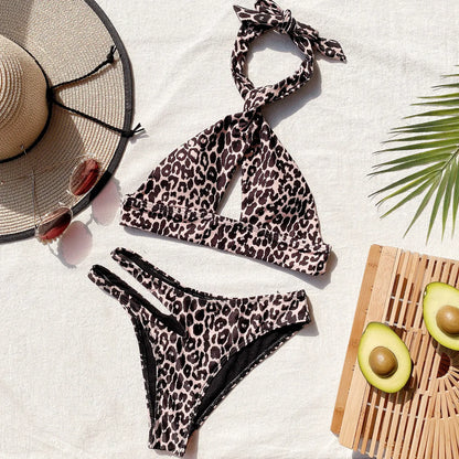 Bikini 2025 Sexy Swimwear Swimsuit Women Leopard Print Black Hollow Bandage Cross Halter Bikinis Set Bathing Suit Bikini Female