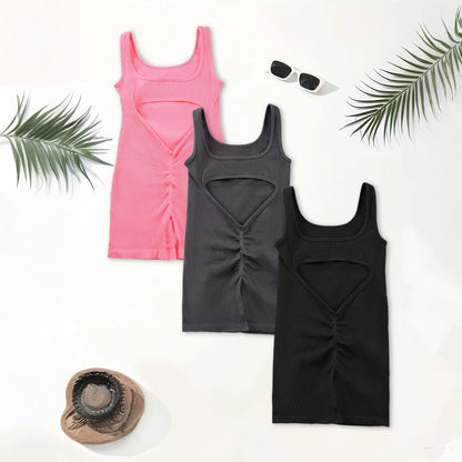 1PCS Backless Yoga Suit U Neck Sleeveless Sports Jumpsuit Solid Colour Threaded Stretch Women Bodysuit Without Bust Pads