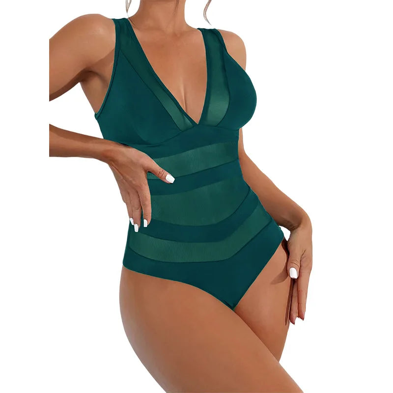 Sexy V-Neck One-Piece Swimsuit Quick-Dry with Chest Pad No Steel Support Triangle Monokini Swimwear for Women Adult Pure Color