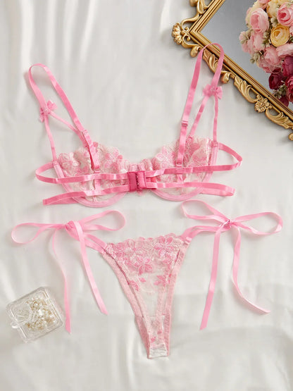 Floral Embroidery Transparent Mesh Bra Brief Sets Ultra Thin Straps Flowers Lace Sexy Lingerie Half Cup Woman Underwear 2025