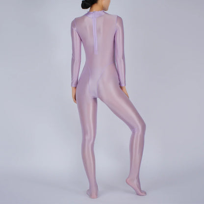 Womens Glossy Full Body Jumpsuit See Through Sheer Catsuits Bodystockings Long Sleeve Footed One Piece Gym Yoga Tights Bodysuit