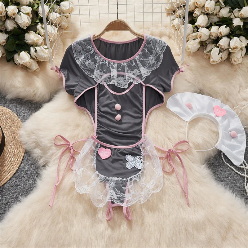 Sexy Lace Gauze Patchwork Strap Bodysuit Hollow Sleeveless Slim backless Women Erotic Lingerie Hotsweet Bow Night Maid Cosplay
