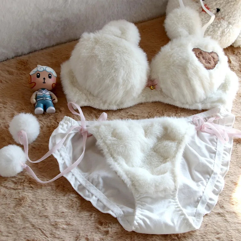 Cute Bear Underwear Winter Plush Cartoon Comfortable Bra & Brief Sets Women's Intimates Thermal Bra Gathers Sleepwear Lingerie