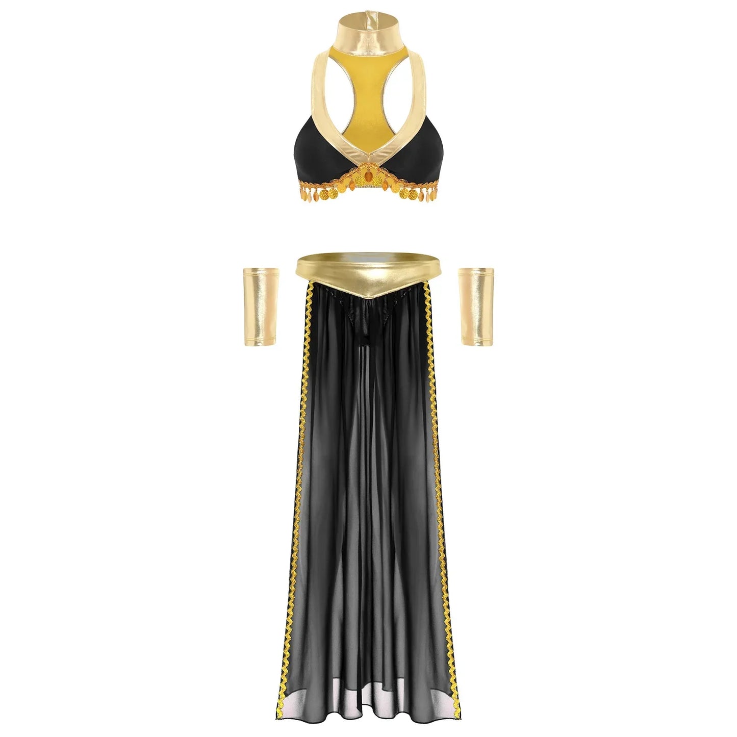 Women Halloween Cleopatra Ancient Egyptian Queen Sun Goddesses Cosplay Costume Crop Top with Skirt Choker Cuffs Belly Dance Set